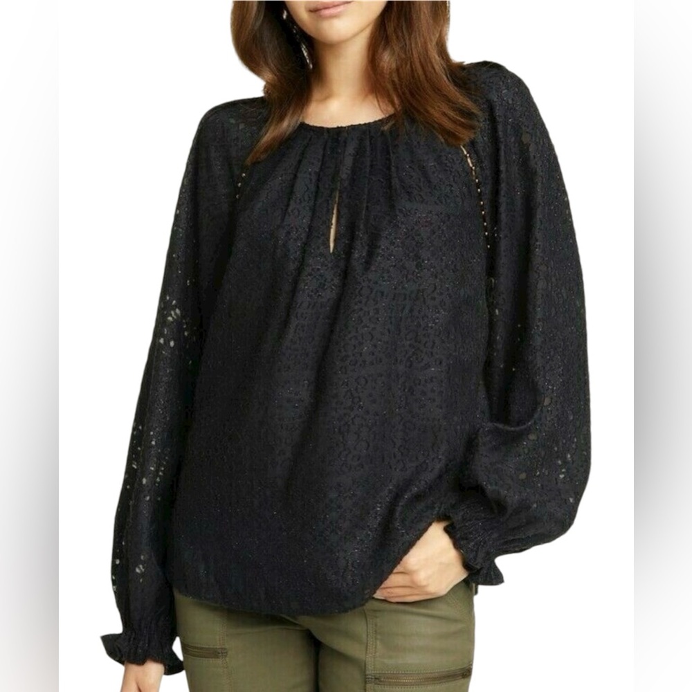 Joie‎ Blouse Womens Medium Black Apostoli Beaded Raglan Leopard Jacquard Peasant